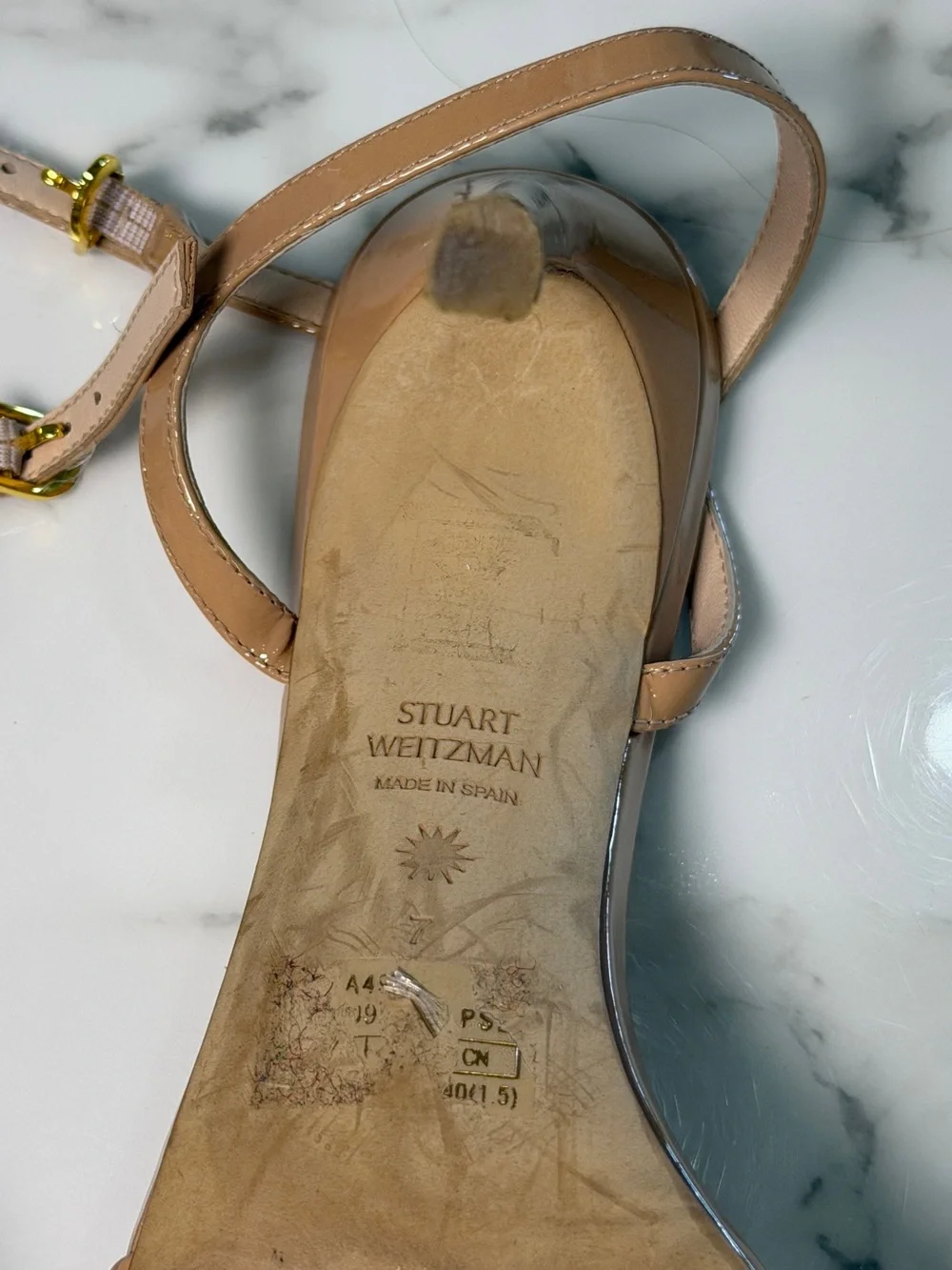 Stuart Weitzman Mykonos Braid Patent Nude Heels Size 7